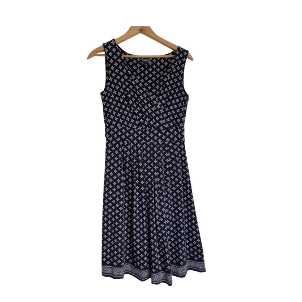 Lands End Navy White Geometric Cotton Blend Knit Dress V neck Small Summer